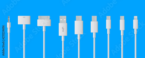 Creative vector illustration of cellphone usb charging plugs cable isolated on transparent background. Art design smart phone universal recharger accessories. Type-c interfaces, connect ports element