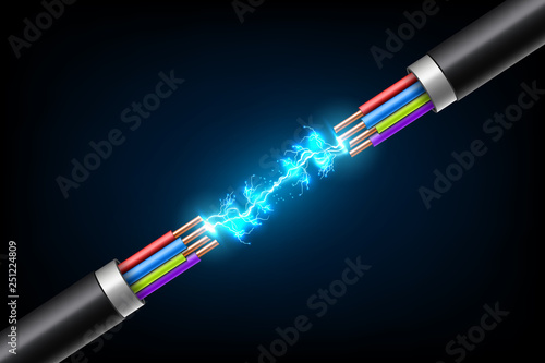 Creative vector illustration of electric glowing lightning between colored break cable, copper wires with circuit sparks isolated on transparent background. Art design. Abstract concept element