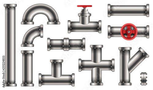 Creative vector illustration of steel metal water, oil, gas pipeline, pipes sewage isolated on transparent background. Art design abstract concept graphic ells, gate valve, fittings, faucet element