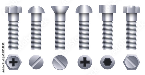 Creative vector illustration of steel brass bolts, metal screws, iron nails, rivets, washers, nuts hardware side view isolated on transparent background. Art design abstract concept graphic element