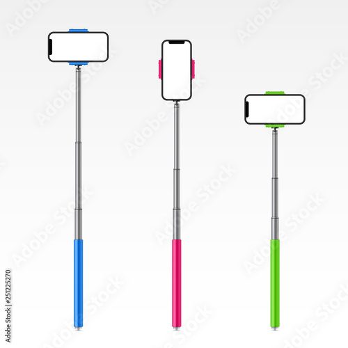 Creative vector illustration of monopod selfie stick with phone, smartphone isolated on transparent background. Art design template. Abstract concept graphic element