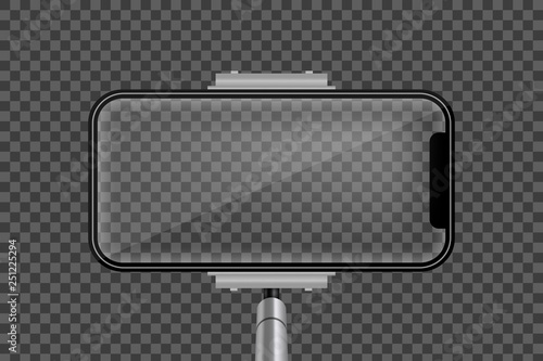Creative vector illustration of monopod selfie stick with empty phone mobile screen isolated on transparent background. Art design mock up smartphone photo template. Abstract concept graphic element