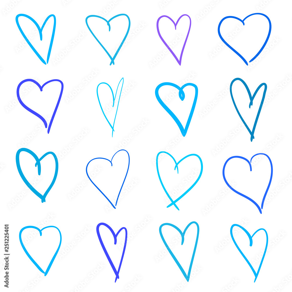Multicolored sketchy hearts on isolated white background. Hand drawn set of love signs. Line art creation. Colored illustration. Elements for poster or flyer