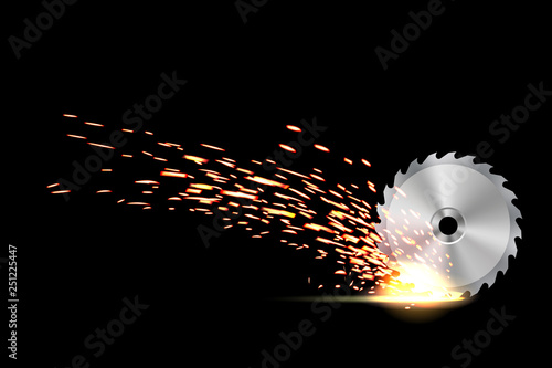 Creative vector illustration of circular saw blade for wood, metal work with welding metal fire sparks isolated on transparent background. Art design template. Abstract concept graphic weld element