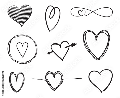 Hand drawn grunge hearts on isolated white background. Set of love signs. Unique image for design. Black and white illustration. Sketchy elements for design