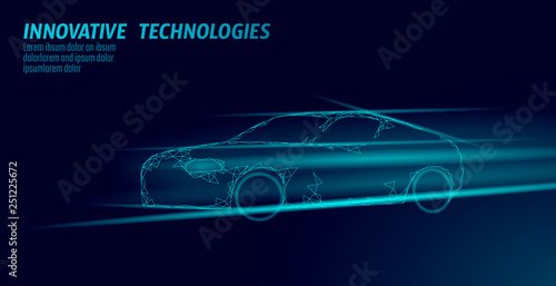 Low poly sport car on dark background. Fast speed highway automobile innovative technology 3D render. Blue glowing light ray triangle geometric concept vector illustration