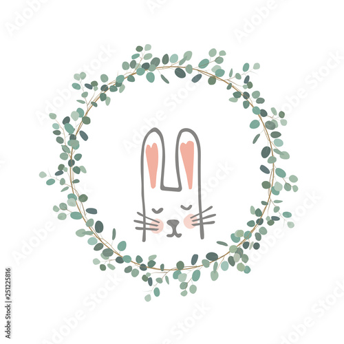 Easter Eucalyptus Wreath with a Sweet Bunny. Vector illustration