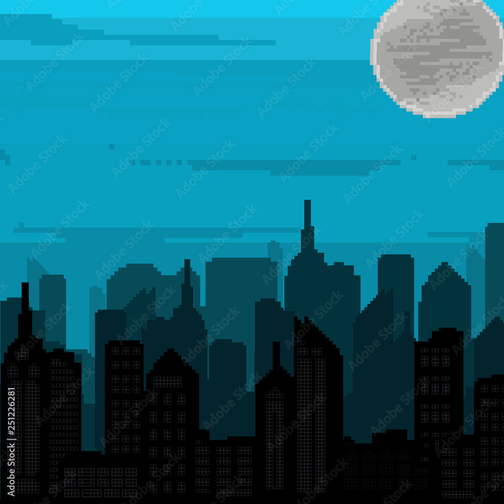 Pixel art background. Pixel city. 8 bit