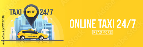 Creative vector illustration of taxi online service banner, urban city skyscrapers isolated on transparent background. Art design mobile app template. Abstract concept graphic element
