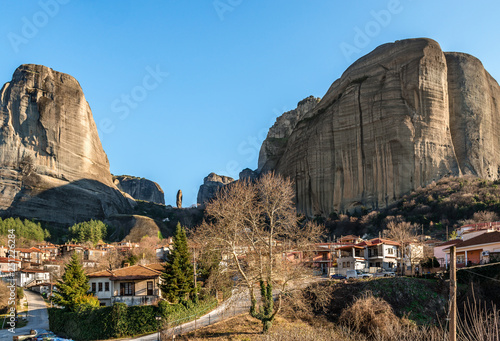 View of the traditional Kastraki village and the rock formation of Meteora, in central Greece. Meteora hosts one of the largest and most precipitously built complexes of Eastern Orthodox monasteries.