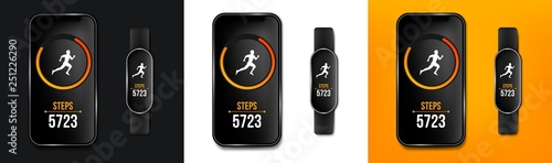 Creative vector illustration of fitness counter run app in phone and wrist band bracelet, activity tracker isolated on background. Art design smartphone template. Abstract concept graphic element