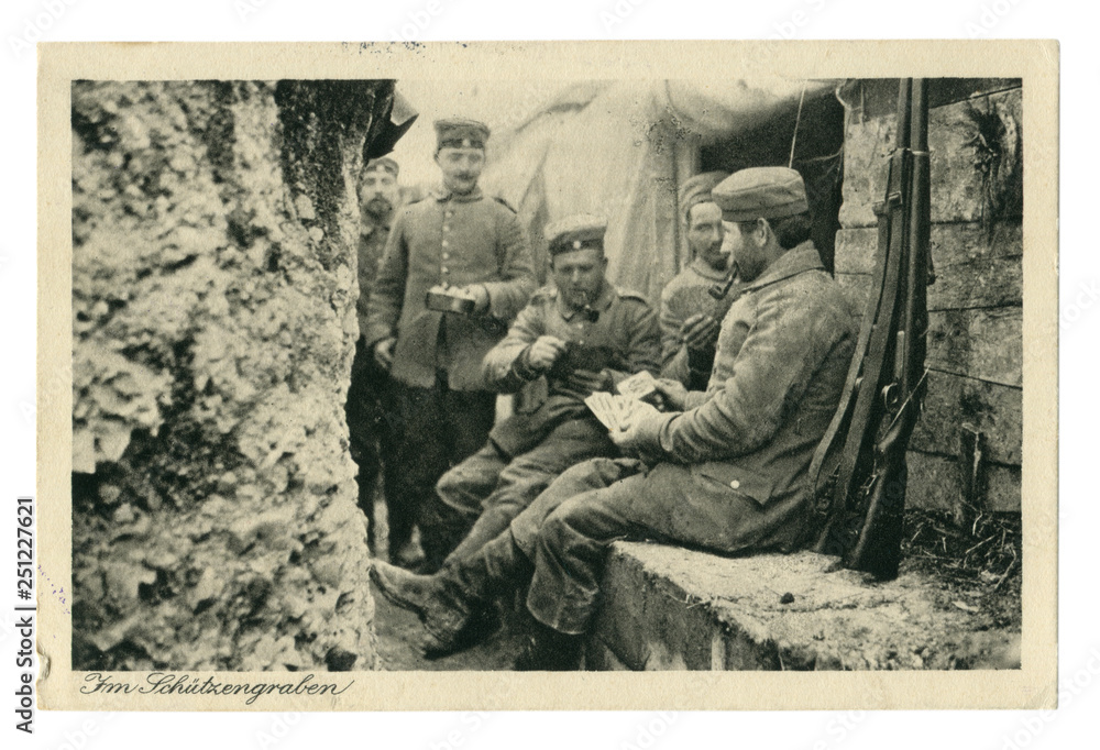 German historical photo postcard Soldiers in the trench Smoking pipes