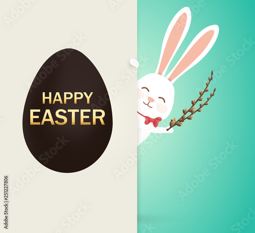 Happy Easter. Easter Rabbit Bunny with realistic pussy willow. Cute, funny cartoon rabbit character. Design template for Banner, flyer, invitation, greeting card, poster