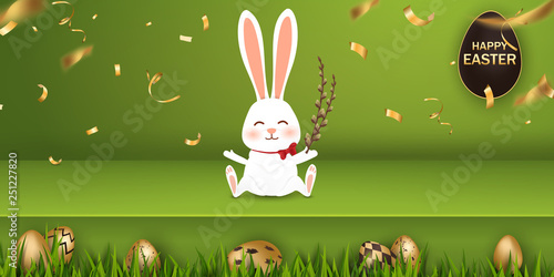 Happy Easter. Easter Rabbit Bunny with realistic eggs on green background. Cute, funny cartoon rabbit character with Paschal egg. Design template for Banner, flyer, invitation, greeting card, poster.
