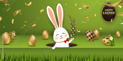 Happy Easter. Easter Rabbit Bunny with realistic eggs on green background. Cute, funny cartoon rabbit character with Paschal egg. Design template for Banner, flyer, invitation, greeting card, poster.