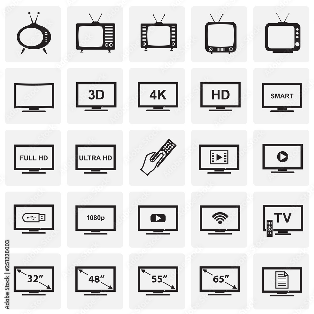 TV icons set on squares background for graphic and web design, Modern simple vector sign. Internet concept. Trendy symbol for website design web button or mobile app TV icons set on squares background for graphic and web design, Modern simple vector sign. Internet concept. Trendy symbol for website design web button or mobile app