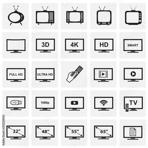 TV icons set on squares background for graphic and web design, Modern simple vector sign. Internet concept. Trendy symbol for website design web button or mobile app