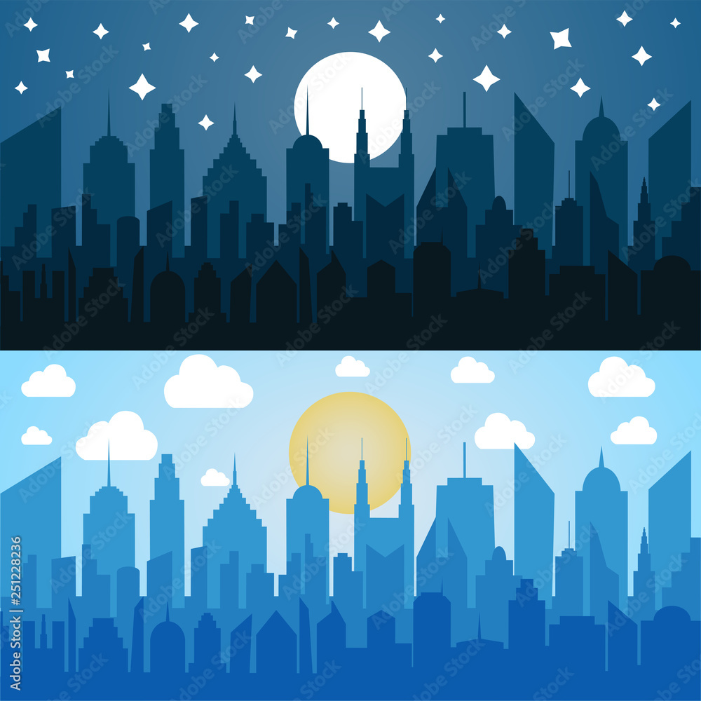 Obraz premium Flat blue cityscapes horizontal banners