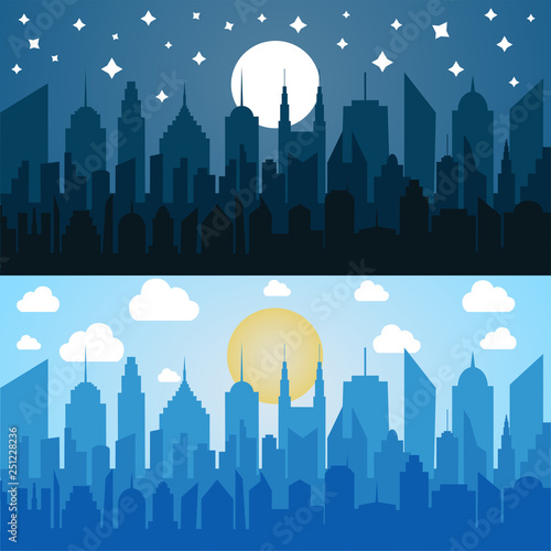 Flat blue cityscapes horizontal banners