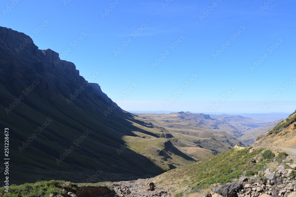Greenery in Sani pass under blue sky near Lesotho South Africa border