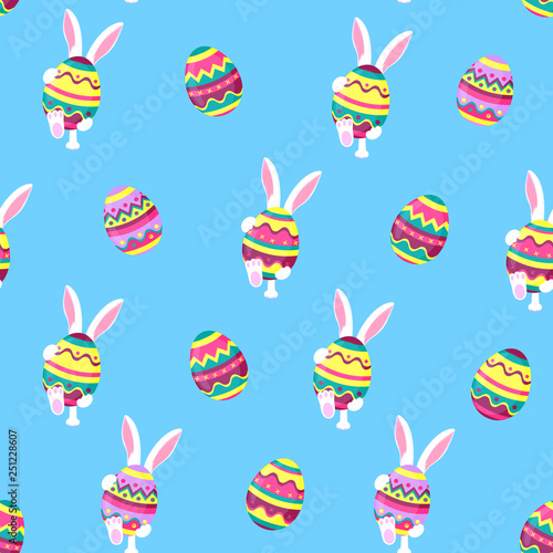 Easter bunny holding a big paschal egg. Funny rabbit walks seamless pattern