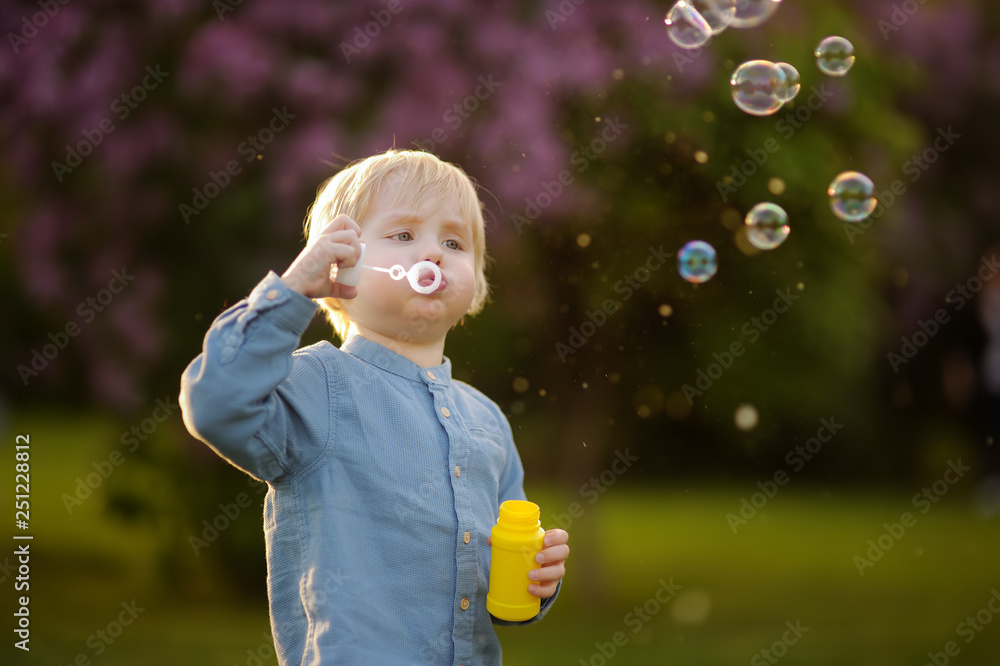 Cute little boy blowing soap bubbles in beautiful summer park. Cute little boy blowing soap bubbles in beautiful summer park.