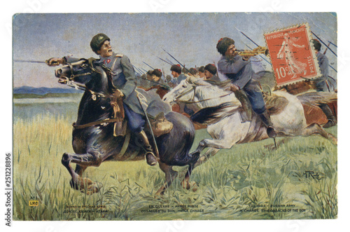 French historical postcard: Don Cossacks in the attack. A squadron of the Imperial Russian cavalry with drawn swords. world war one 1914-1918. Russia