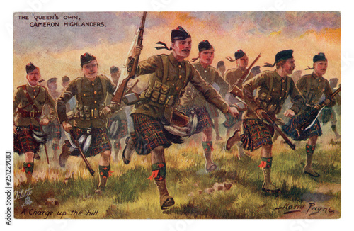 English historical postcard: The Queen's Own Cameron Highlanders. A charge up the hill. Into the attack. world war one 1914-1918. Scotland. England