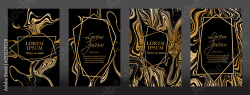 Gold marble texture and geometric frames on black backgrounds vector set. Luxury design for brochure, banner, vip invitation, cover, business card. Gold foil black marble pattern texture and frames.