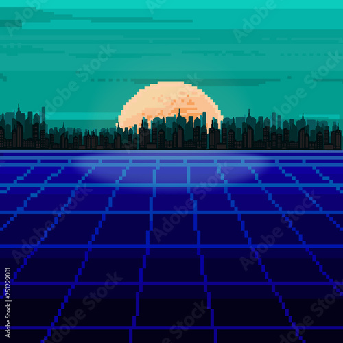 Vector of pixel city. Pixel art background. Pixel sunrise or sunset. 80s Retro Sci-Fi Background. Pixel skyline city. 8 bit.