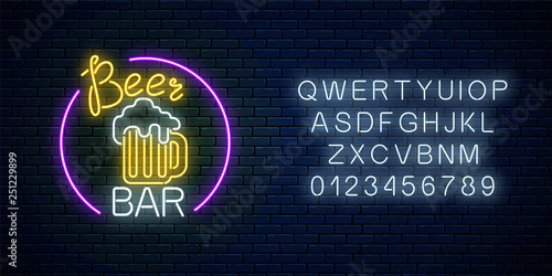 Glowing neon beer bar signboard in circle frame with alphabet. Luminous advertising sign pub.