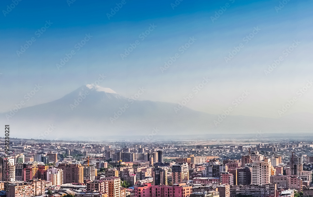 Panoramic view over Yerevan City, view with majestic Ararat mountain, Armenia