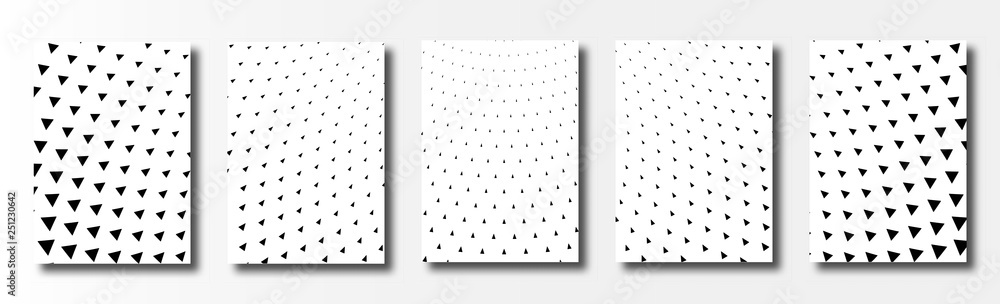 Set of cards with triangular halftone. Triangle background. Geometrical black and white posters. Vector illustration. 