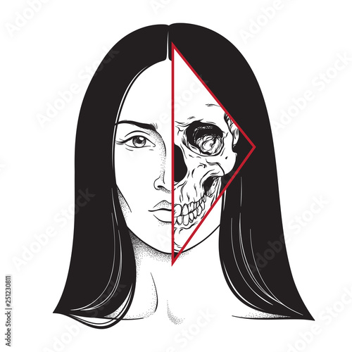 Beautiful brunette with half skull face hand drawn black and white line art and dot work. Flash tattoo, poster or print design vector illustration.