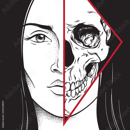 Beautiful brunette with half skull face hand drawn black and white line art and dot work. Flash tattoo, poster or print design vector illustration.