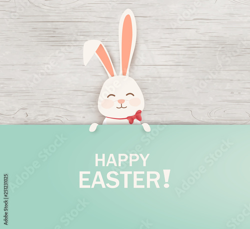 Happy Easter. Easter Rabbit Bunny standing behind a blank sign, showing on big sign. Happy smiling Cute, funny cartoon rabbit character. vector illustration.
