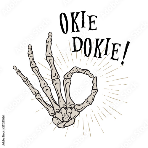 Hand drawn skeleton hand in Okay gesture. Flash tattoo, blackwork, sticker, patch or print design vector illustration.