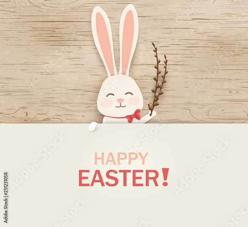 Happy Easter. Easter Rabbit Bunny standing behind a blank sign, showing on big sign. Happy smiling Cute, funny cartoon rabbit character with realistic pussy willow. vector.