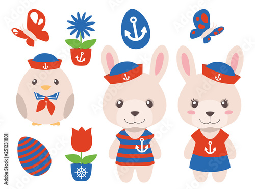 Cartoon maritime Easter graphic vector collection with male and female bunny and chic in red and blue in nautic clothes with spring flower, butterfly and egg 