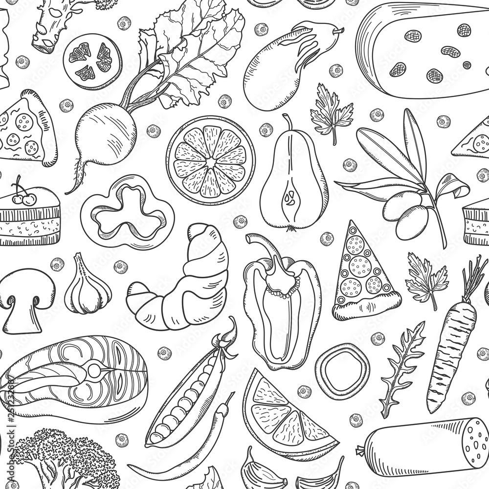 Hand-drawn seamless pattern with food. Black on white. Vector illustration. Hand-drawn seamless pattern with food. Black on white. Vector illustration.