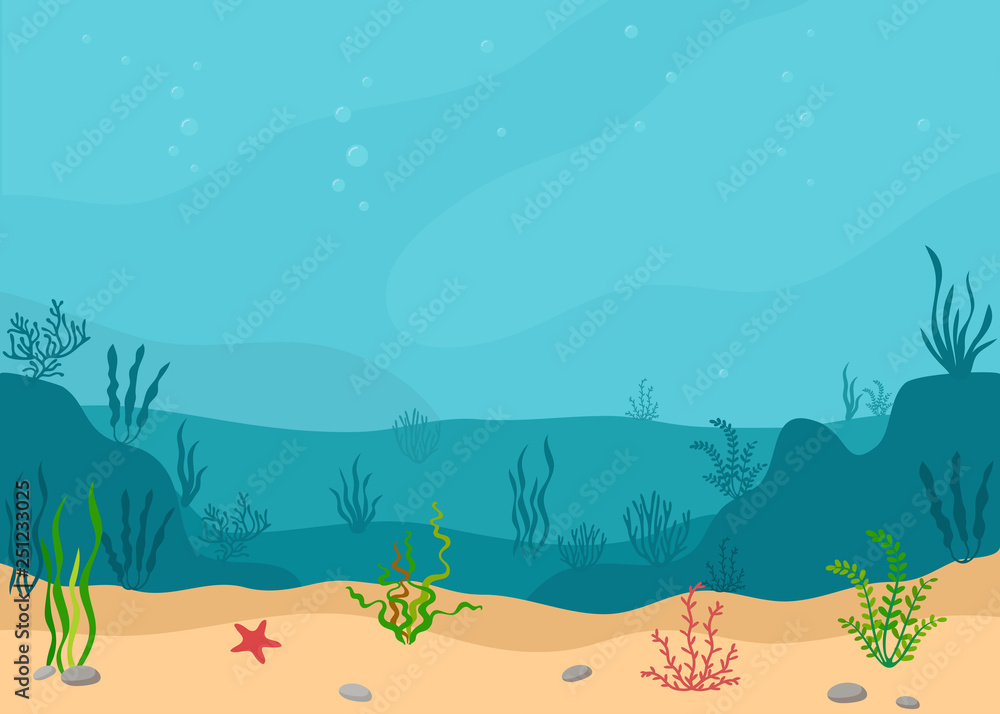 Underwater landscape with seaweeds. Panoramic seascape. Vector illustration.