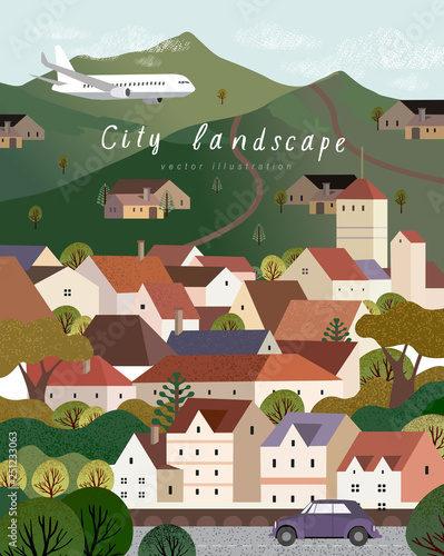 Vector illustration of a village town in Europe, cityscape with houses, mountains and trees, background for poster, covers, cards, banner