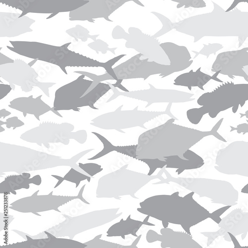 Seamless vector pattern of fishing camouflage. White camo of saltwater fish