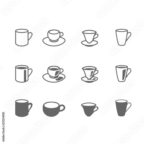 icon set of cups for tea and beverages dark on white background vector illustration