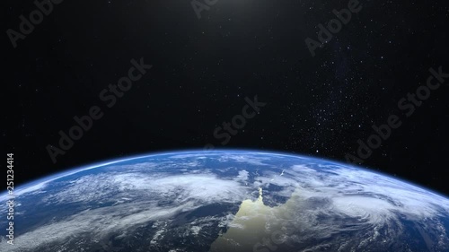 Earth from space. Stars twinkle. No sun in the frame. Flight over the Earth. 4K. Sunrise. The earth slowly rotates. Realistic atmosphere. 3D Volumetric clouds. The camera 36mm moves forward.