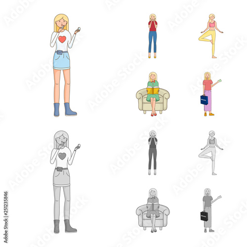 Isolated object of posture and mood icon. Set of posture and female stock vector illustration.