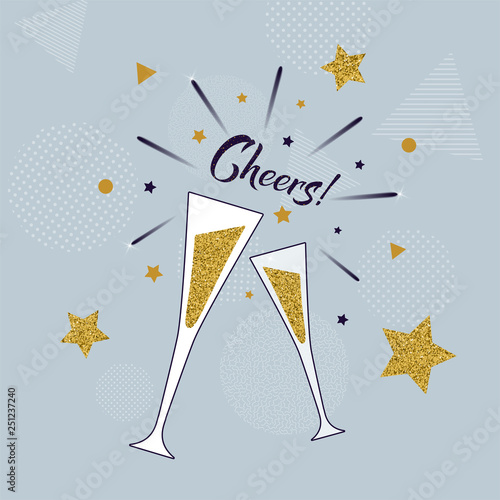 Cheers! hand lettering template with glasses of champagne. Celebration concept on blue background with golden stars and fireworks. Vector illustration. Holiday and birthday greeting card © Elena Iakovleva