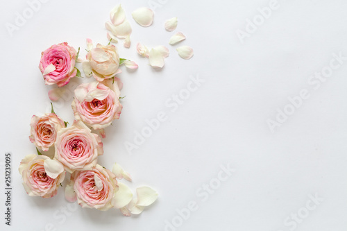 White woman background with roses. Top view.