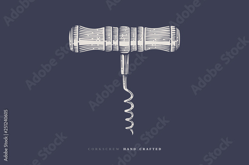 Hand-drawn corkscrew in an engraving style on a dark background. Vintage design element for the design of the wine menu of the restaurant, bar, cafe, label. Vector retro illustration. photo