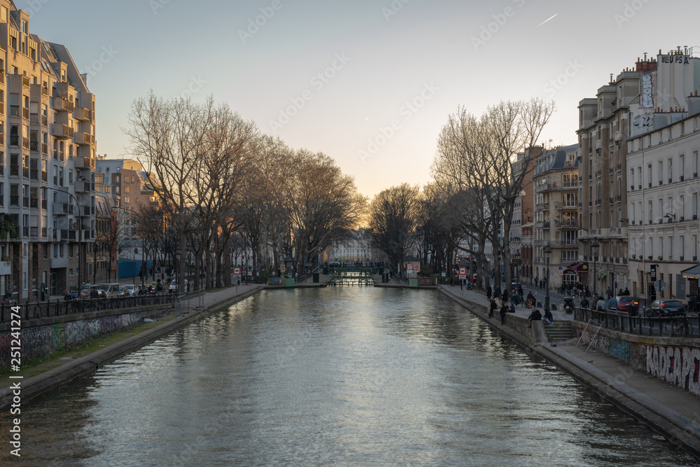 Paris, France - 02 23 2019: View of the Canal Saint-Martin at sunset